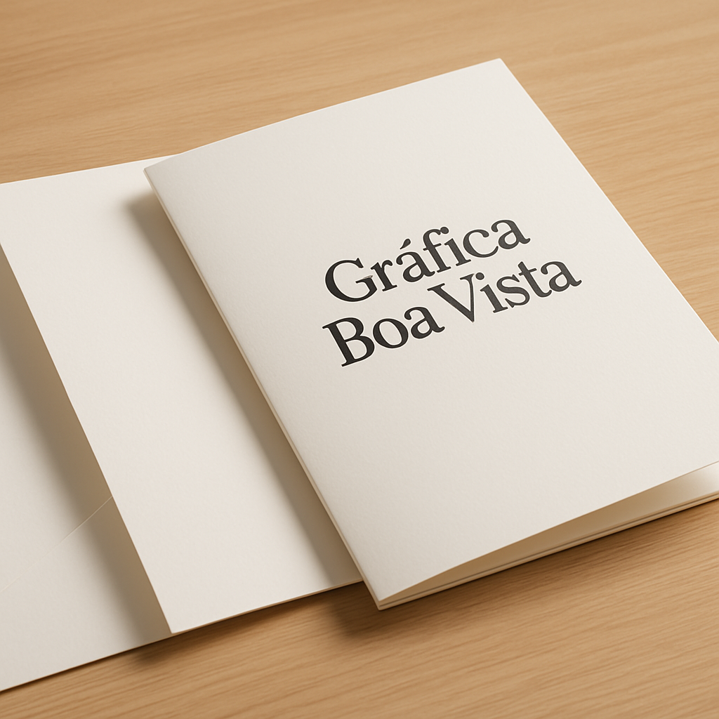 Folder com dobras para clínica sobre mesa de recepção em ambiente profissional
