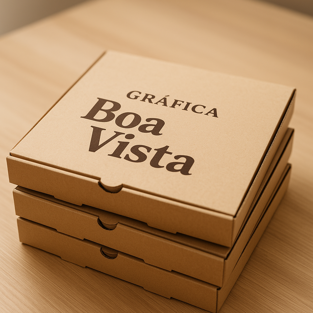 Caixas de pizza personalizadas produzidas em gráfica em Curitiba, prontas para uso comercial