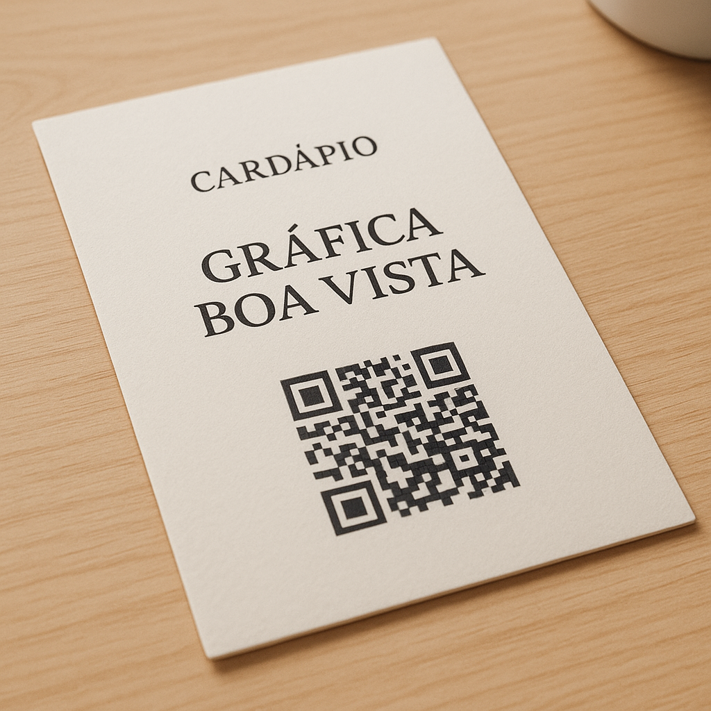 Cardápio com QR Code personalizado em uma mesa de restaurante, com celular escaneando o código