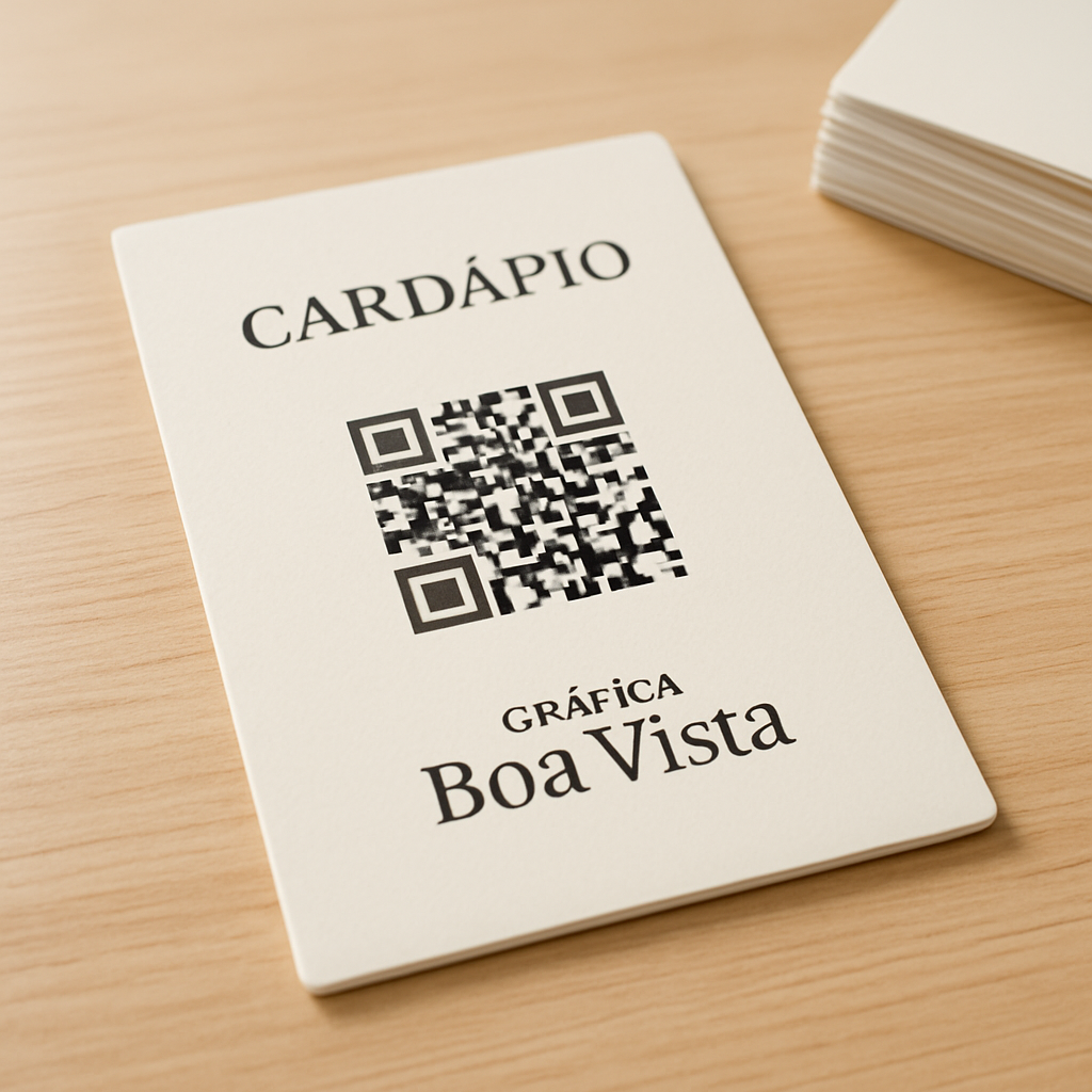 Cardápio com QR Code personalizado em uma mesa de restaurante, com celular escaneando o código