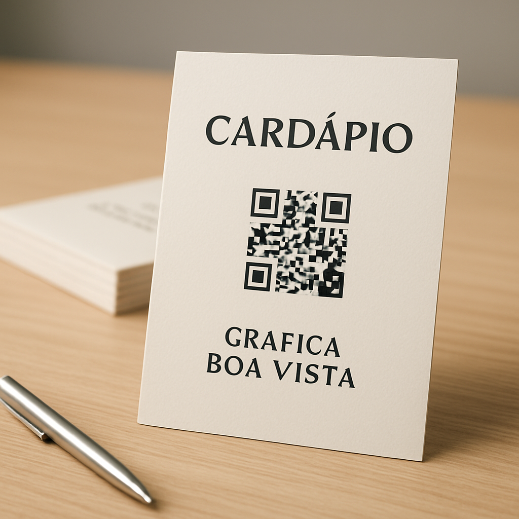 Cardápio com QR Code personalizado em uma mesa de restaurante, com celular escaneando o código