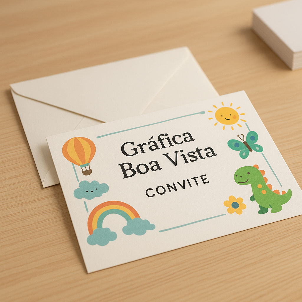 Convites infantis personalizados sobre mesa de festa colorida em Curitiba