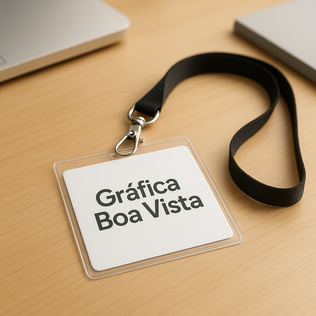 Credenciais personalizadas para evento em uma gráfica de Curitiba, organizadas sobre a mesa