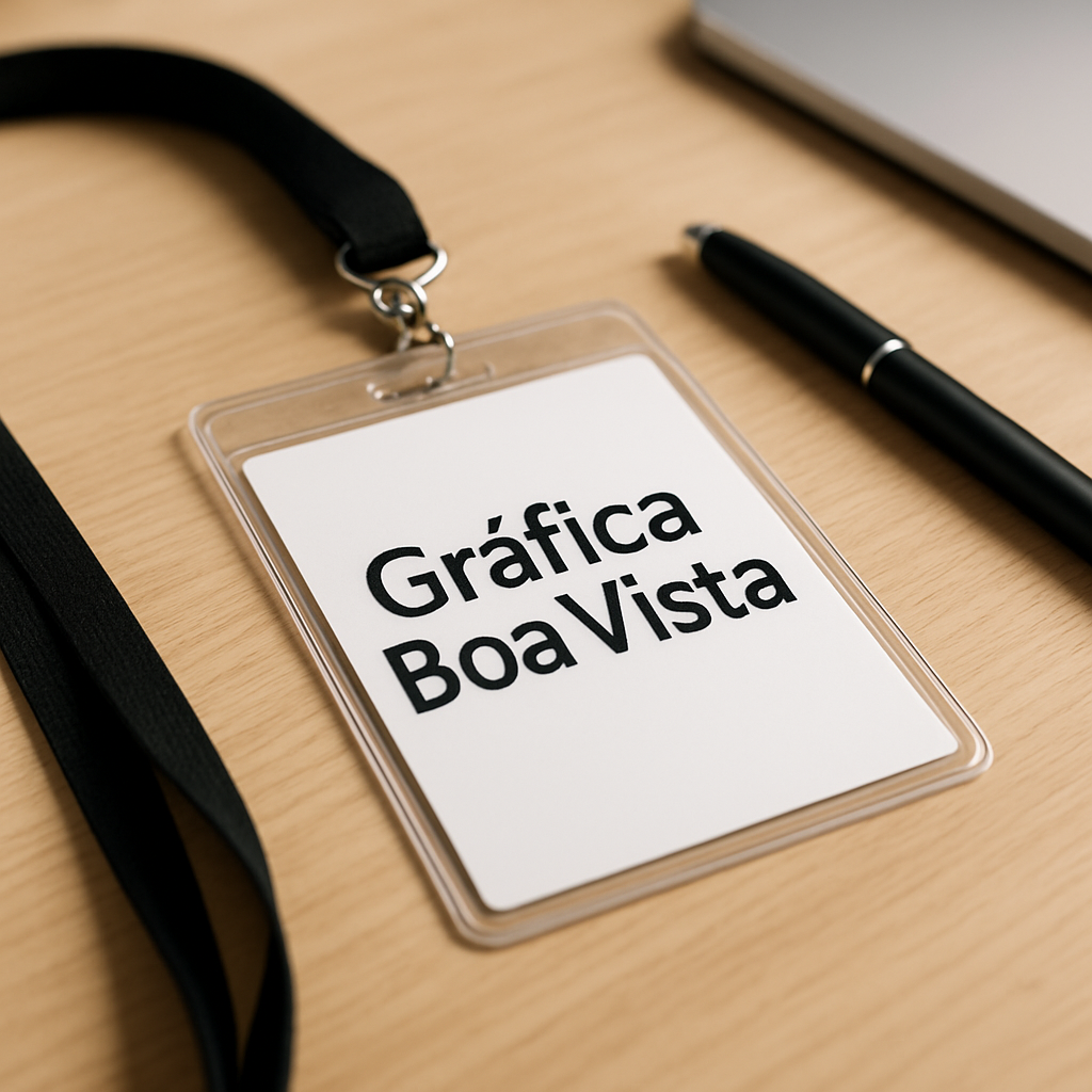 Credenciais personalizadas para evento em uma gráfica de Curitiba, organizadas sobre a mesa