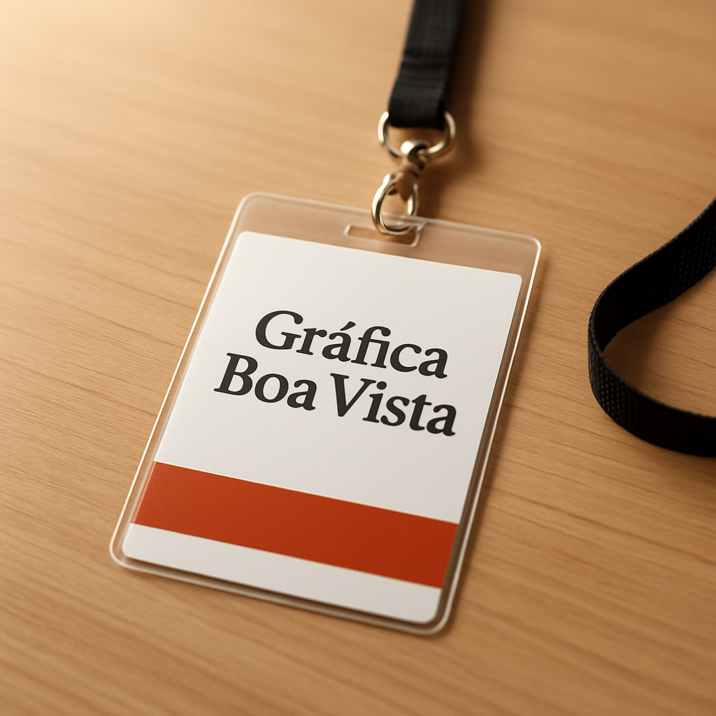 Credenciais personalizadas para evento em uma gráfica de Curitiba, organizadas sobre a mesa