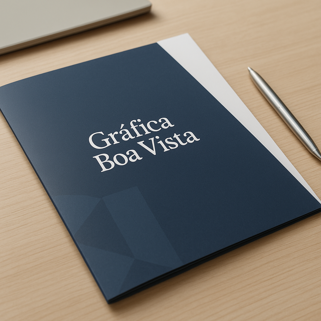 Folder institucional personalizado em uma gráfica de Curitiba com aparência profissional e ambiente de atendimento