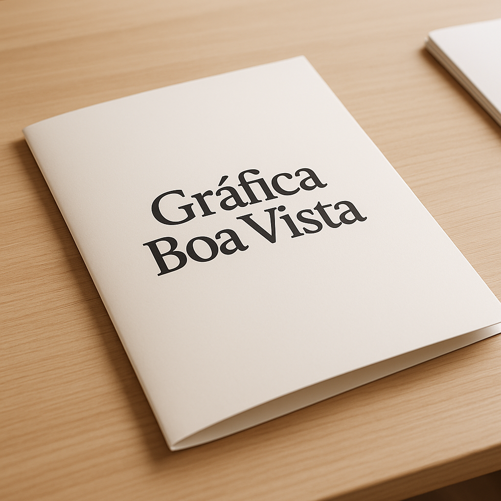 Folder personalizado produzido pela Gráfica Boa Vista em Curitiba, sobre balcão de gráfica, com acabamento profissional