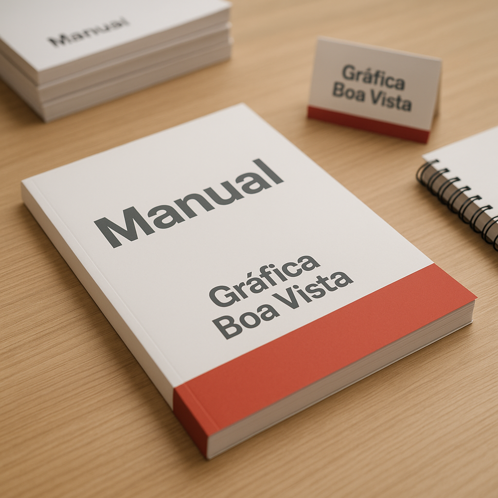 Manual Impresso personalizado em Curitiba sobre uma mesa, com acabamento profissional na Gráfica Boa Vista