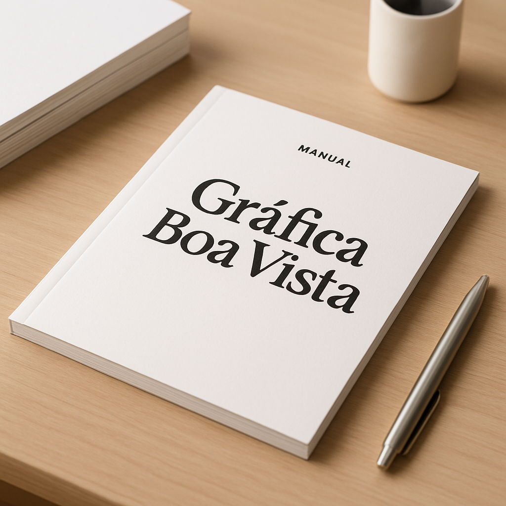Manual Impresso personalizado em Curitiba sobre uma mesa, com acabamento profissional na Gráfica Boa Vista