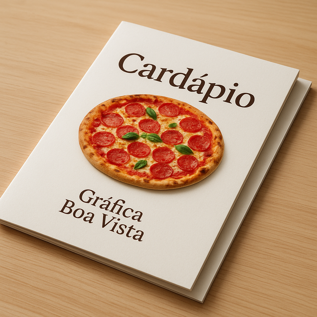 Cardápio para pizzaria impresso sobre mesa de restaurante, em ambiente acolhedor