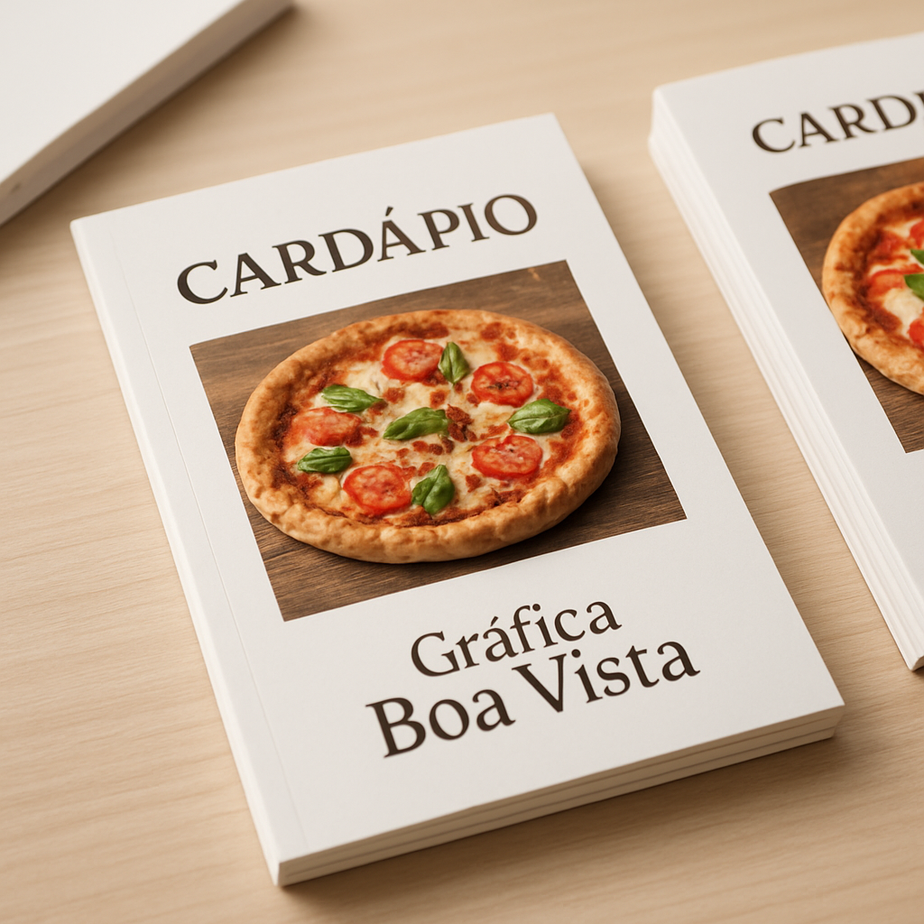 Cardápio para pizzaria impresso sobre mesa de restaurante, em ambiente acolhedor