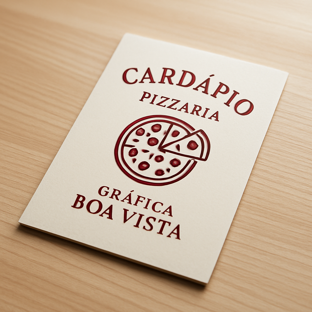 Cardápio para pizzaria impresso sobre mesa de restaurante, em ambiente acolhedor