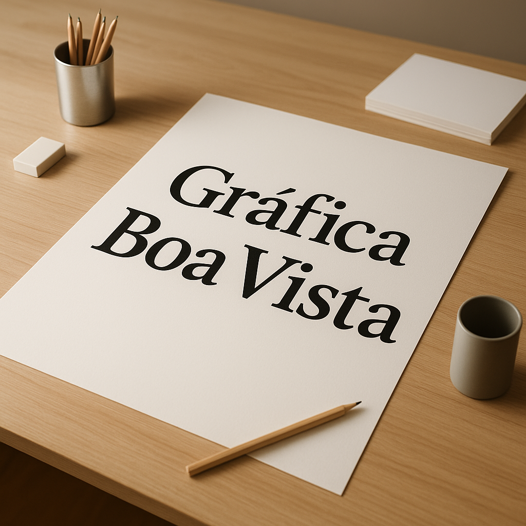 Cartaz A2 sendo produzido em gráfica de Curitiba, com amostra de papel e acabamento profissional