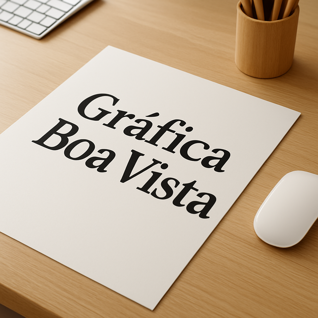 Cartaz A2 sendo produzido em gráfica de Curitiba, com amostra de papel e acabamento profissional