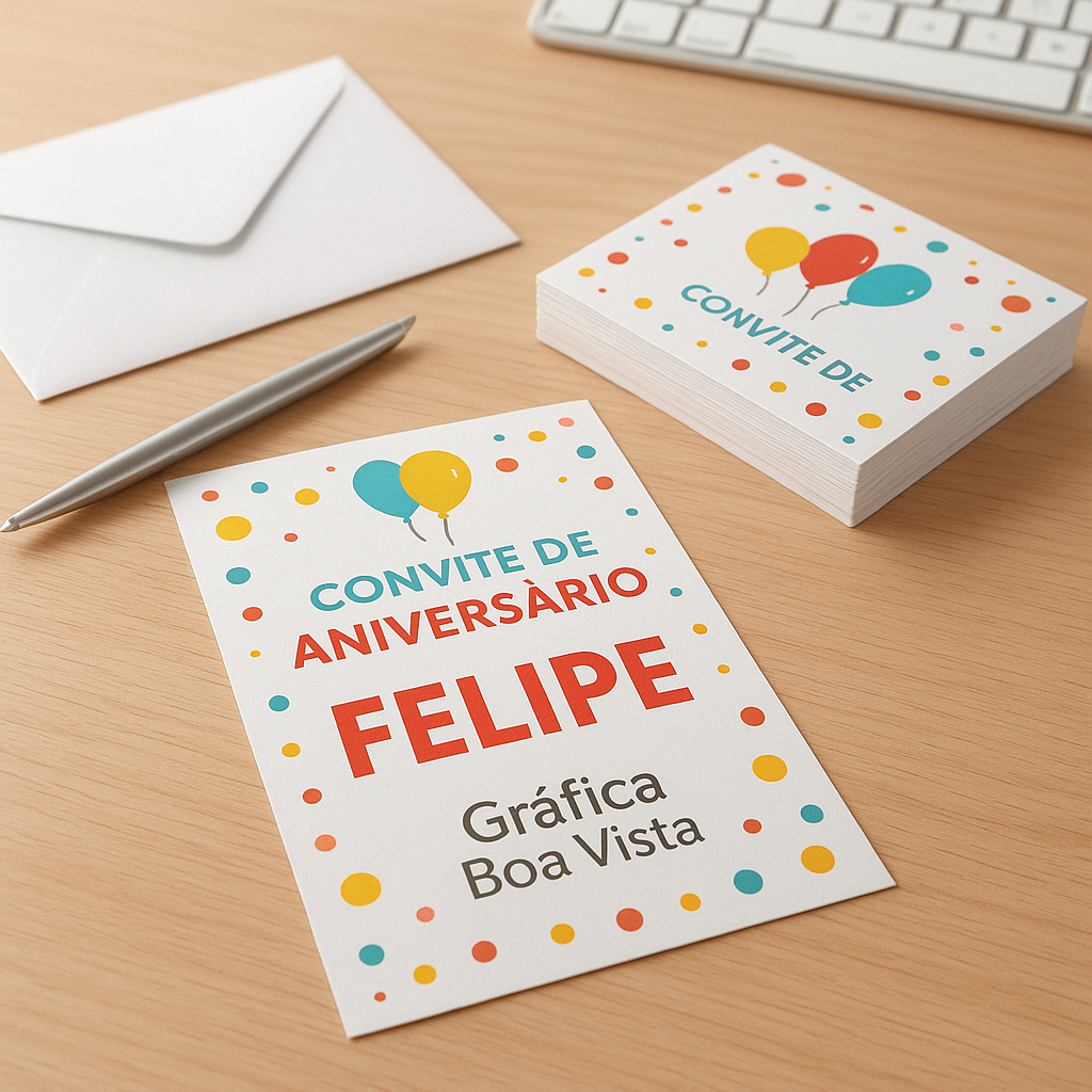 Convites de aniversário impressos em uma gráfica de Curitiba, com visual profissional e colorido
