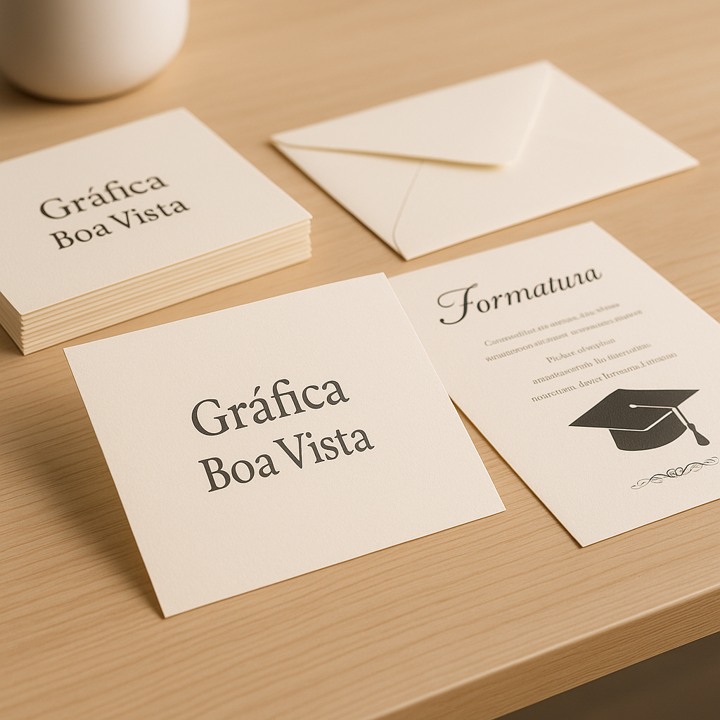 Convites de formatura elegantes sendo revisados em uma gráfica em Curitiba
