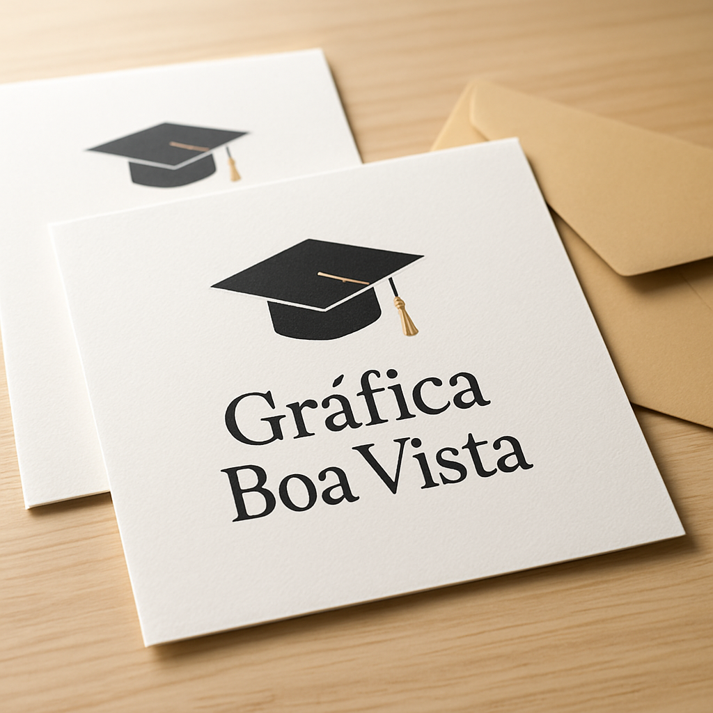 Convites de formatura elegantes sendo revisados em uma gráfica em Curitiba