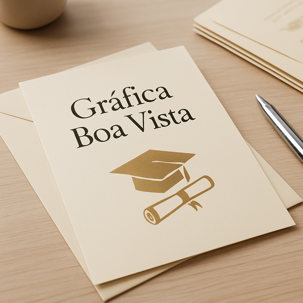 Convites de formatura elegantes sendo revisados em uma gráfica em Curitiba