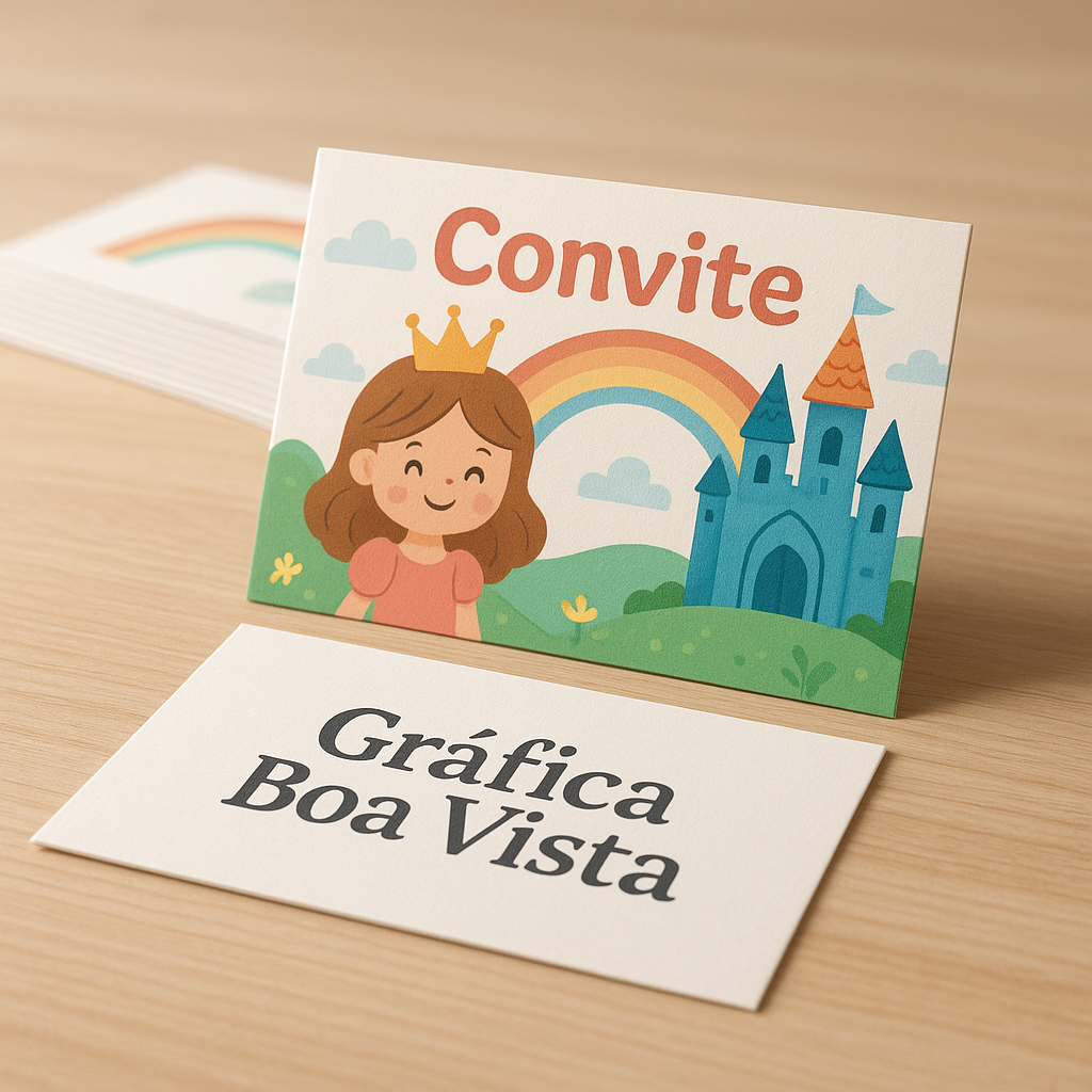 Convites infantis coloridos em uma gráfica em Curitiba, com aparência profissional e acabamento de impressão
