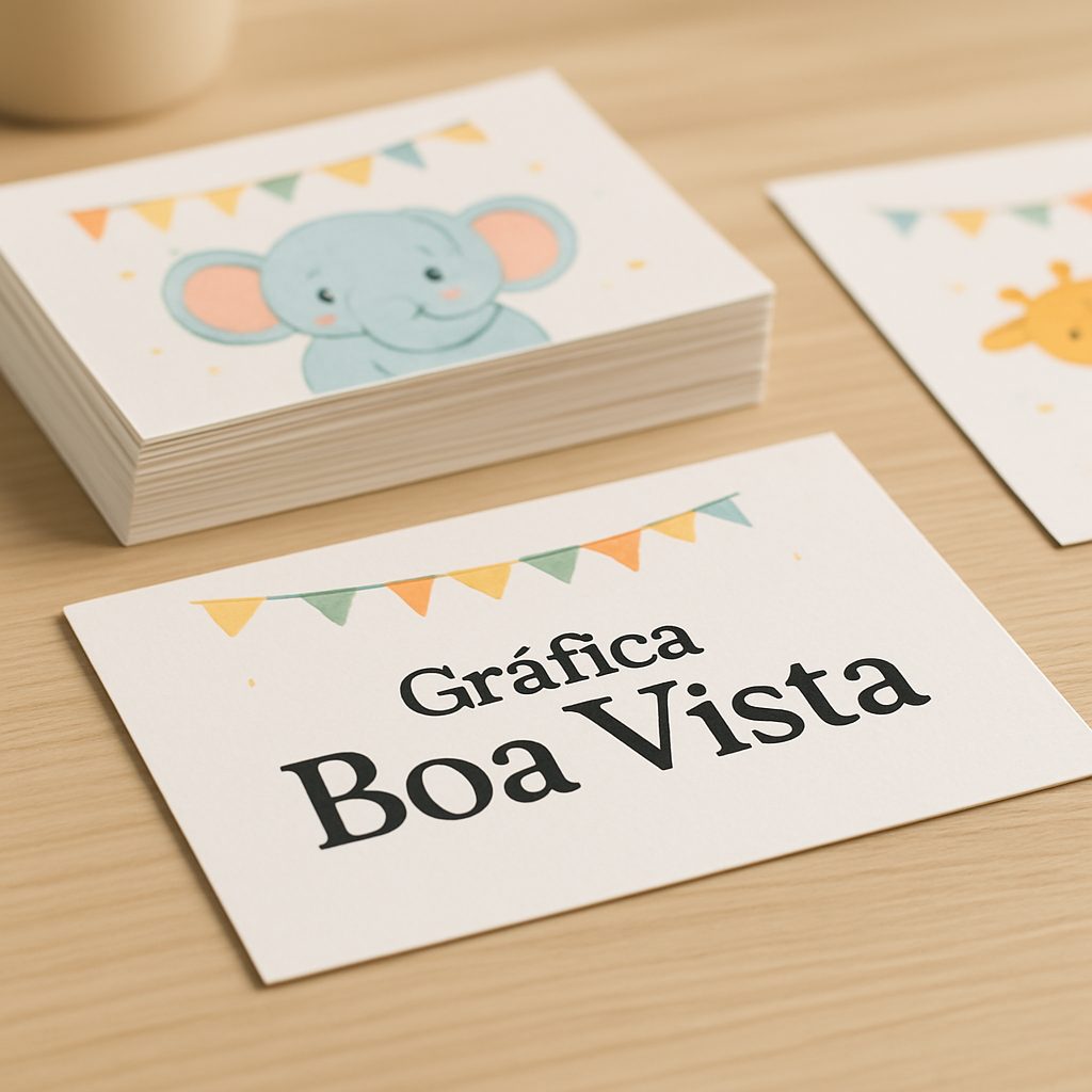 Convites infantis coloridos em uma gráfica em Curitiba, com aparência profissional e acabamento de impressão