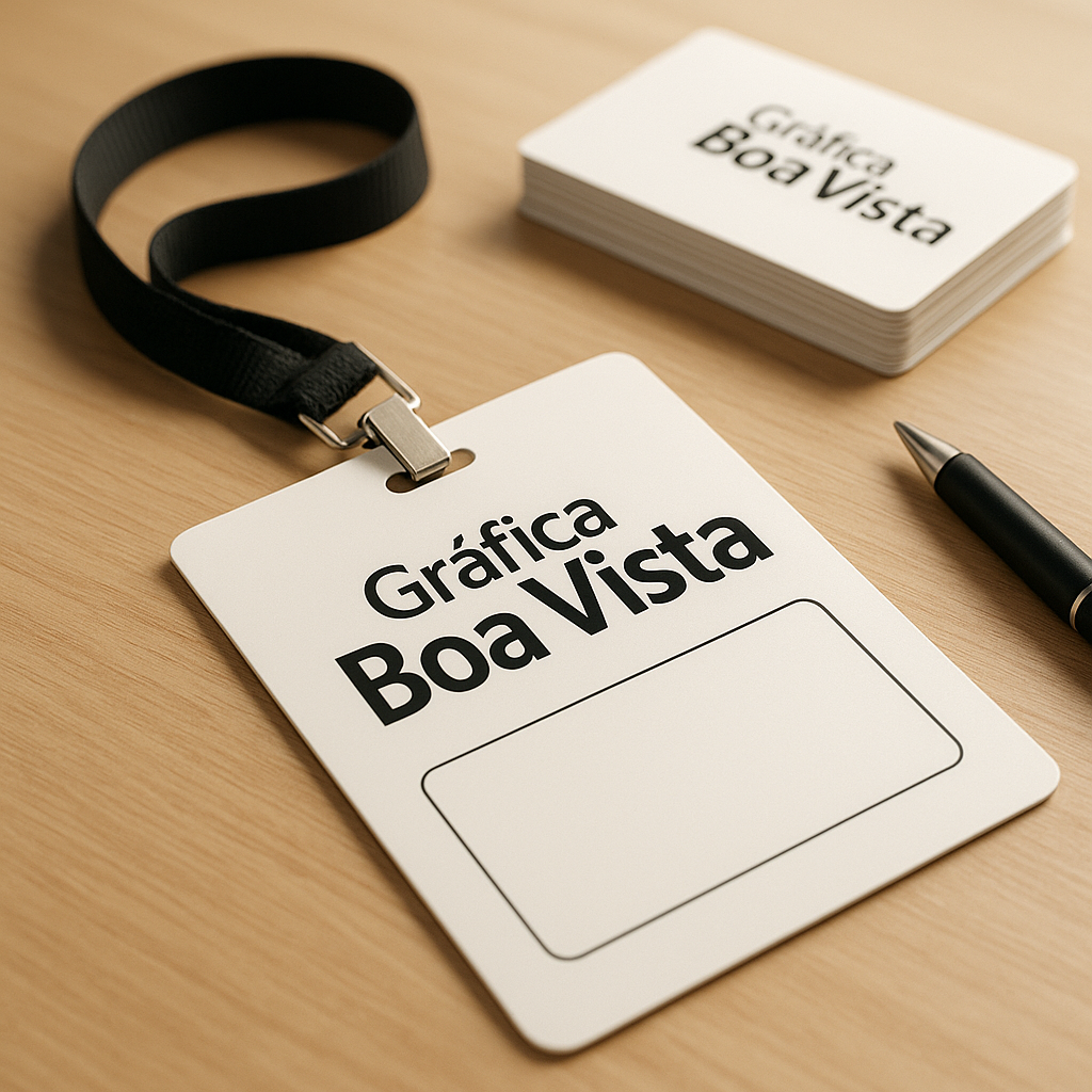 Credenciais para evento organizadas sobre a mesa de uma gráfica em Curitiba