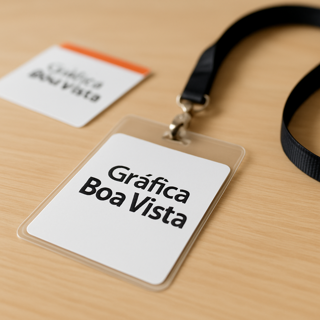 Credenciais para evento organizadas sobre a mesa de uma gráfica em Curitiba