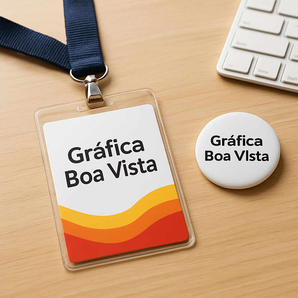 Credenciais para evento organizadas sobre a mesa de uma gráfica em Curitiba