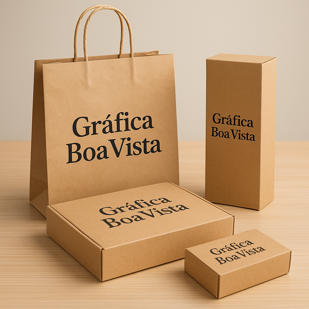 Embalagens personalizadas sobre mesa de gráfica em Curitiba
