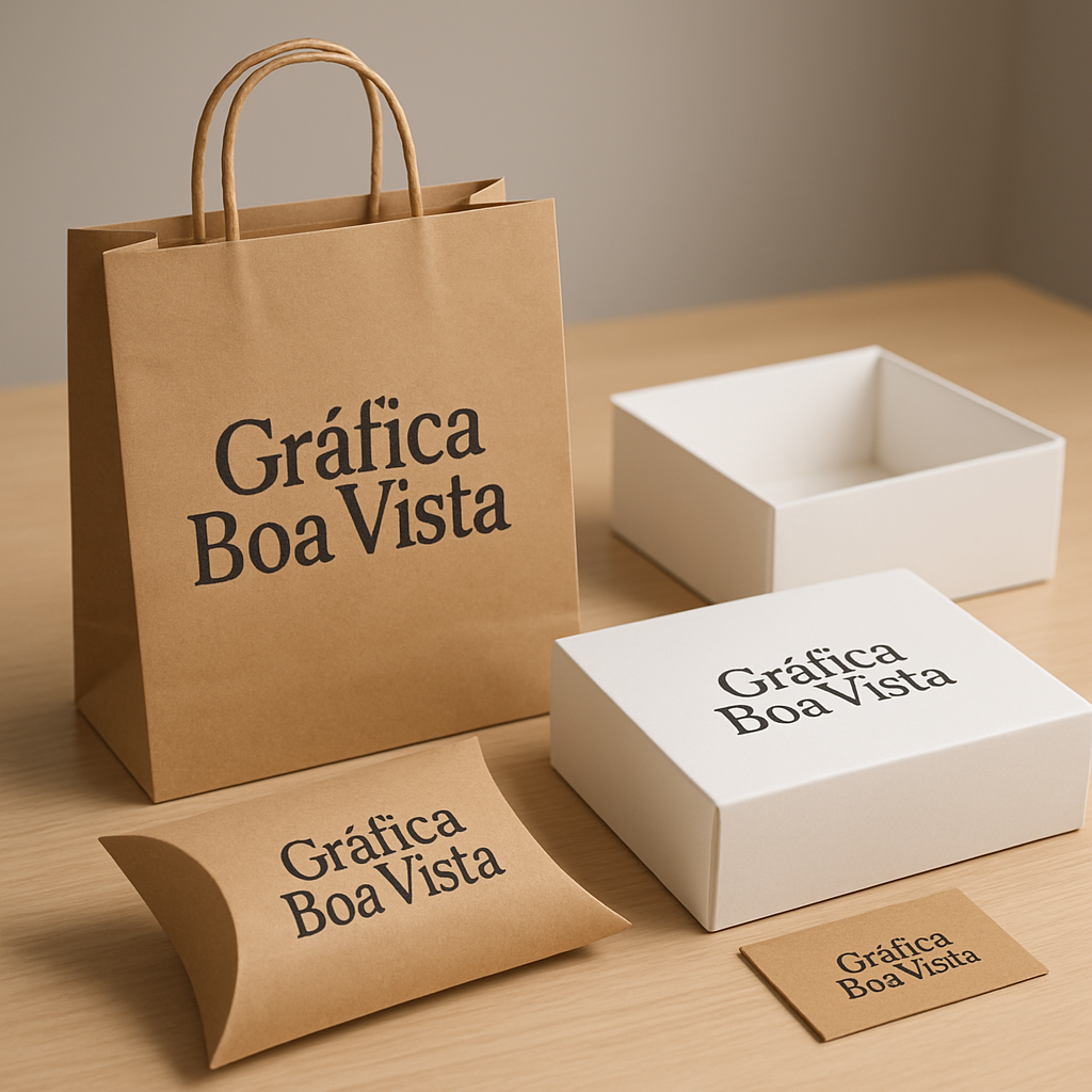 Embalagens personalizadas sobre mesa de gráfica em Curitiba