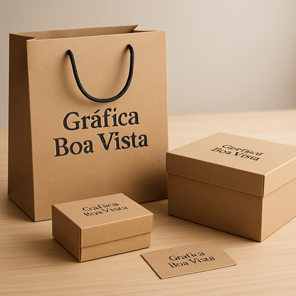 Embalagens personalizadas sobre mesa de gráfica em Curitiba
