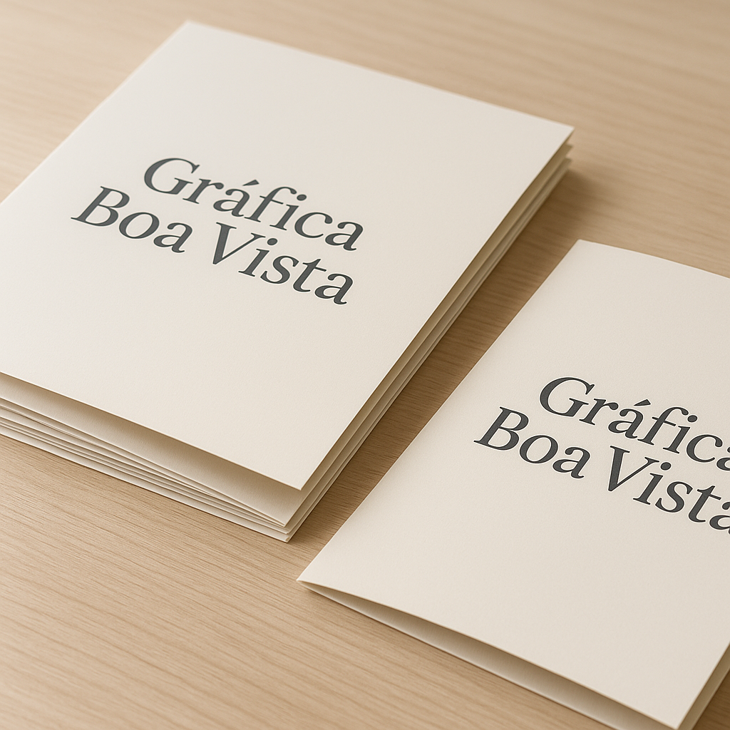 Folder com dobras produzido em gráfica de Curitiba, com amostras de impressos sobre a bancada