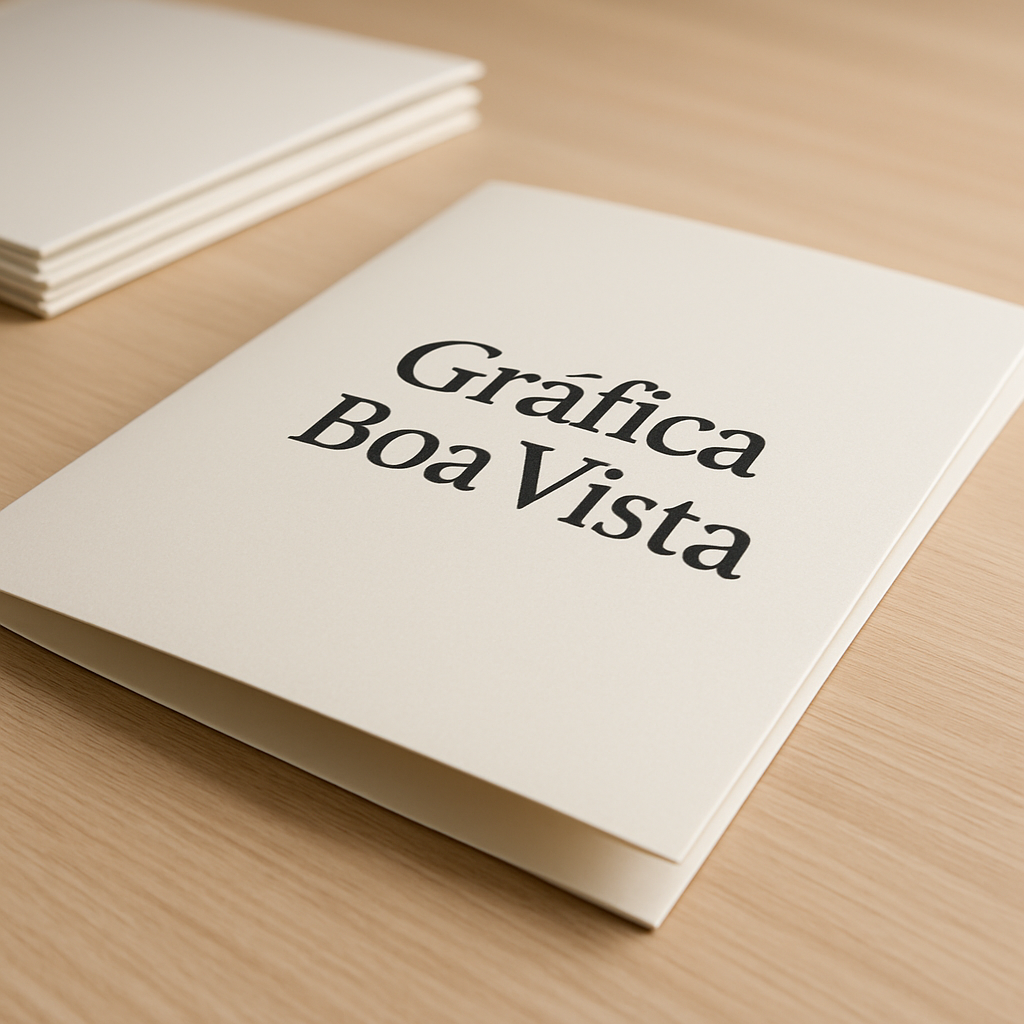Folder com dobras produzido em gráfica de Curitiba, com amostras de impressos sobre a bancada