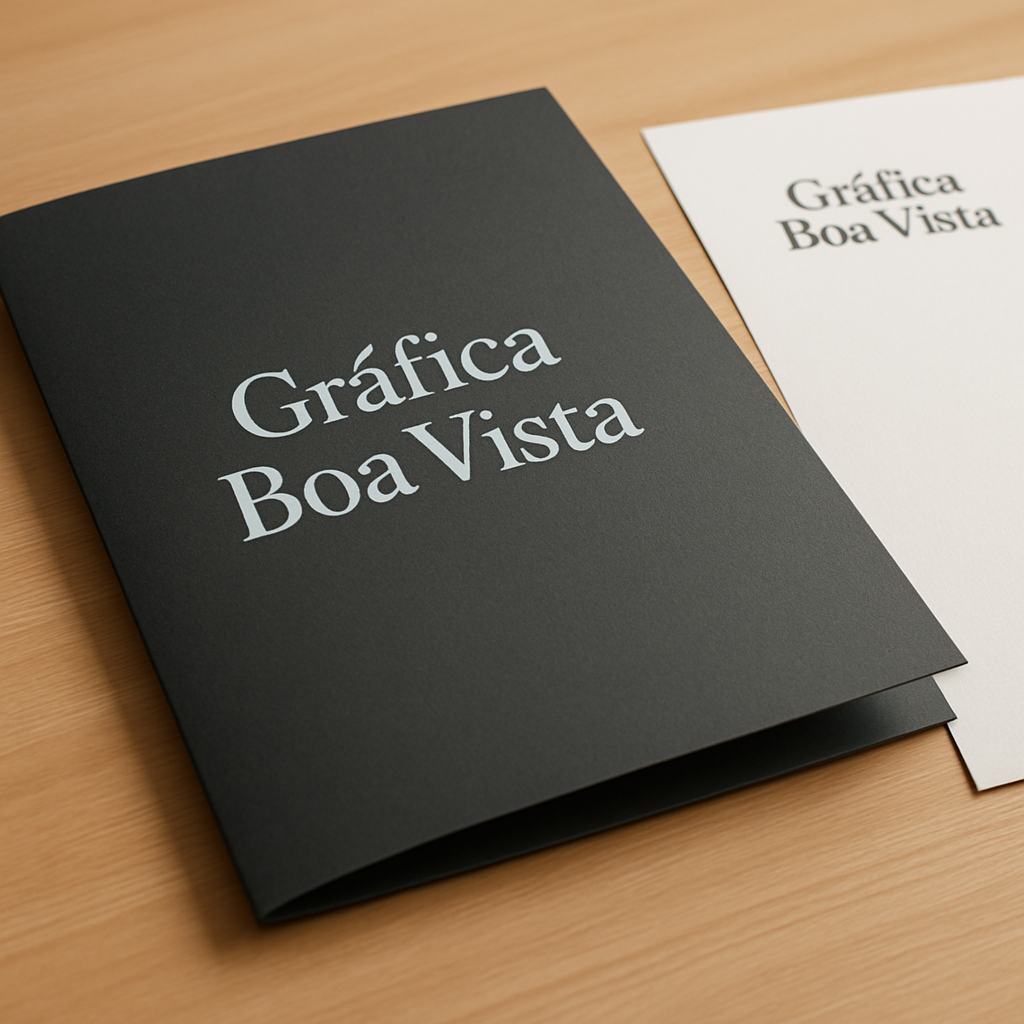 Folder com dobras produzido em gráfica de Curitiba, com amostras de impressos sobre a bancada