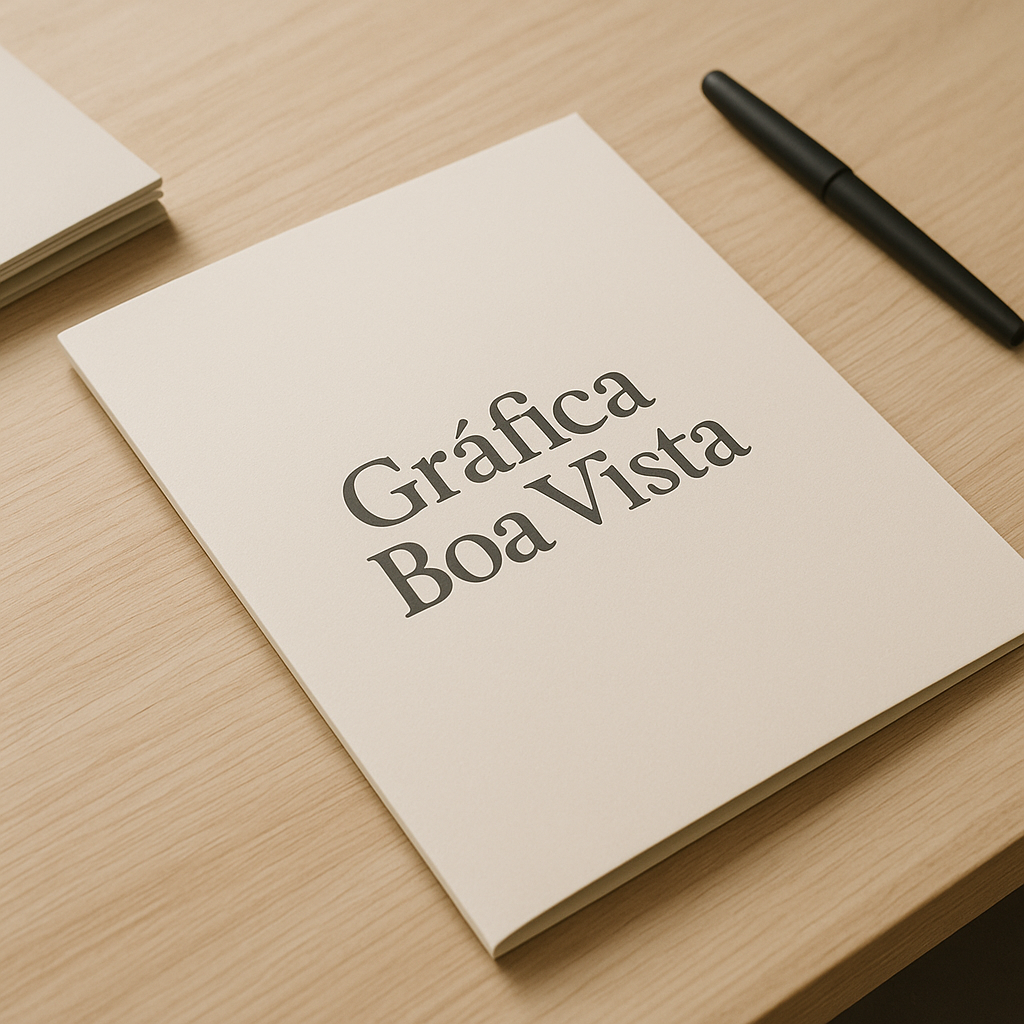 Folders impressos em uma gráfica de Curitiba, empilhados sobre o balcão para orçamento e retirada