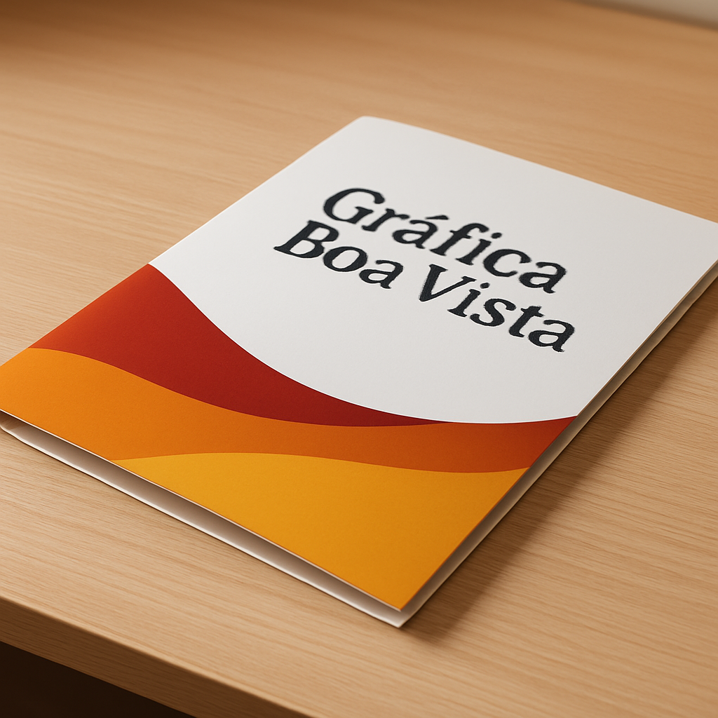 Folders impressos em uma gráfica de Curitiba, empilhados sobre o balcão para orçamento e retirada