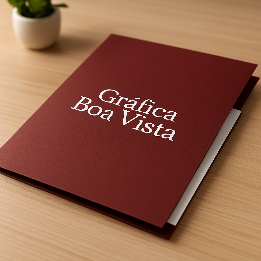 Folders impressos em uma gráfica de Curitiba, empilhados sobre o balcão para orçamento e retirada
