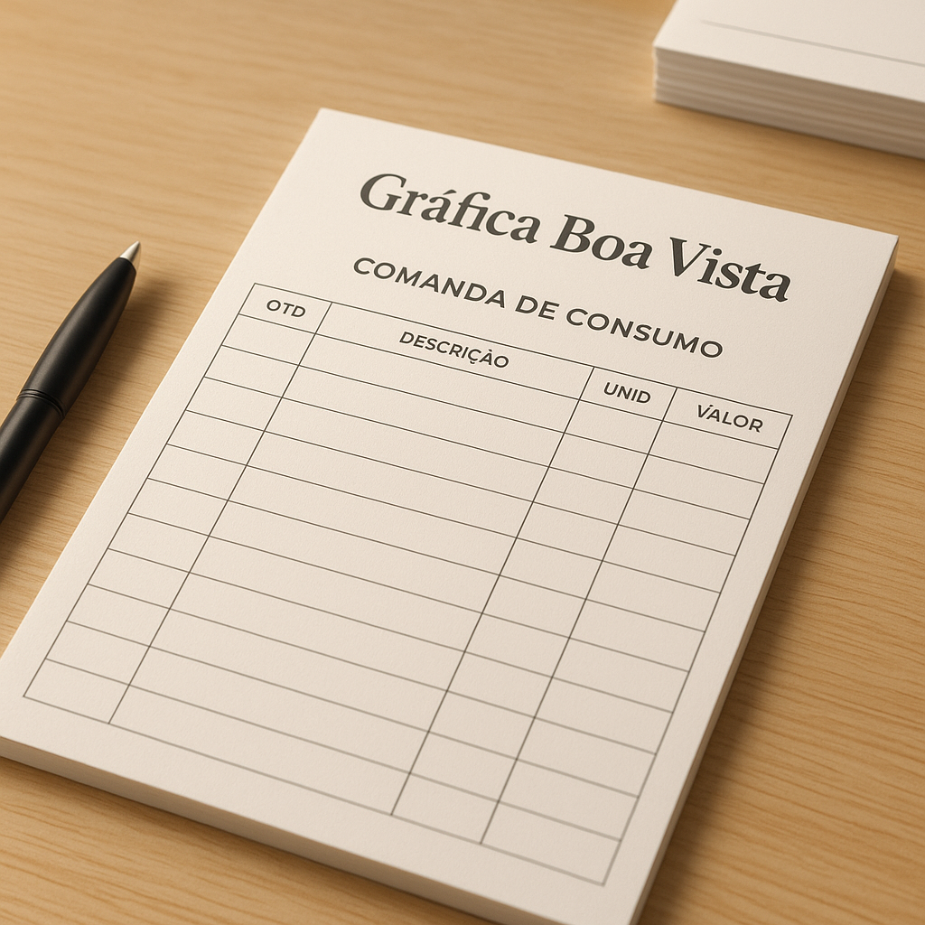 Comandas de consumo impressas sobre uma mesa de gráfica em Curitiba