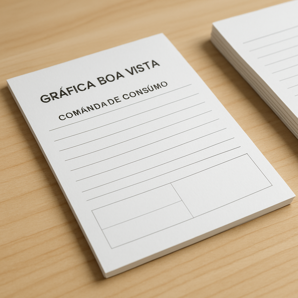 Comandas de consumo impressas sobre uma mesa de gráfica em Curitiba