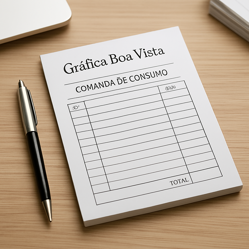 Comandas de consumo impressas sobre uma mesa de gráfica em Curitiba