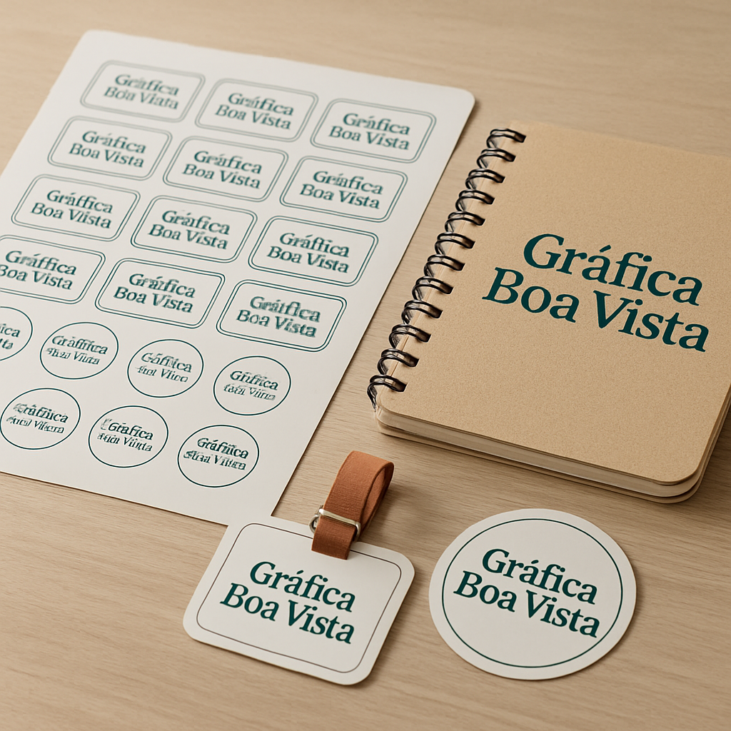Combo de etiquetas escolares em vinil impermeável, com diferentes tamanhos, organizado sobre uma mesa