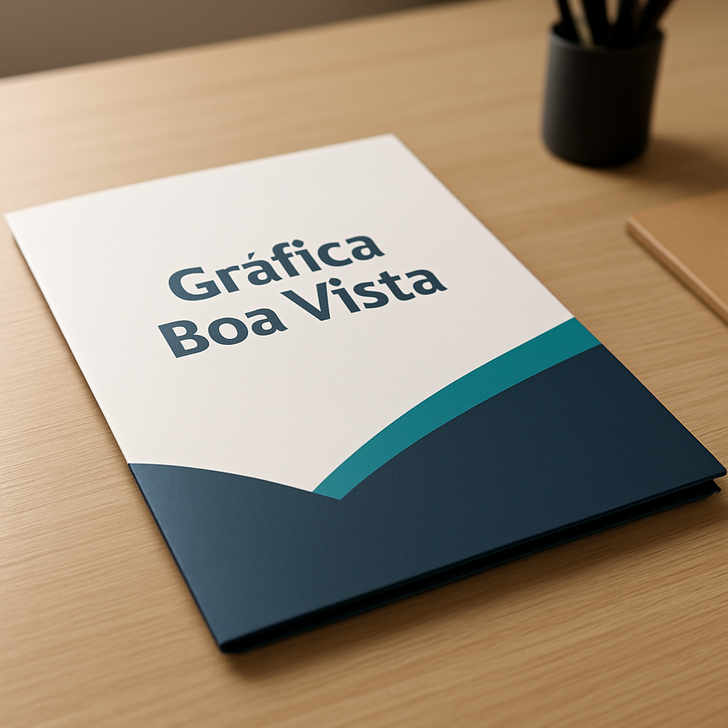 Folders impressos sobre mesa em gráfica de Curitiba, com acabamento profissional
