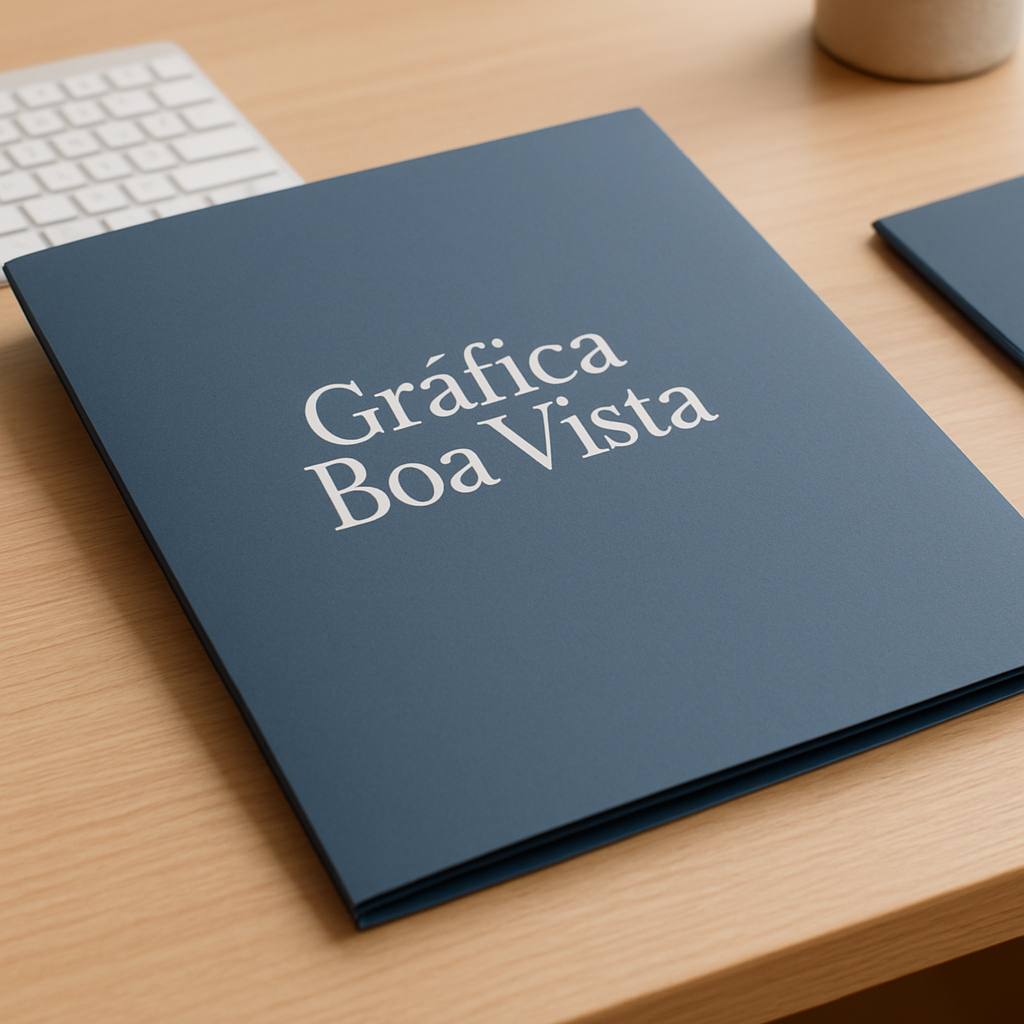 Folder institucional impresso em ambiente de gráfica em Curitiba, com acabamento profissional e aparência corporativa