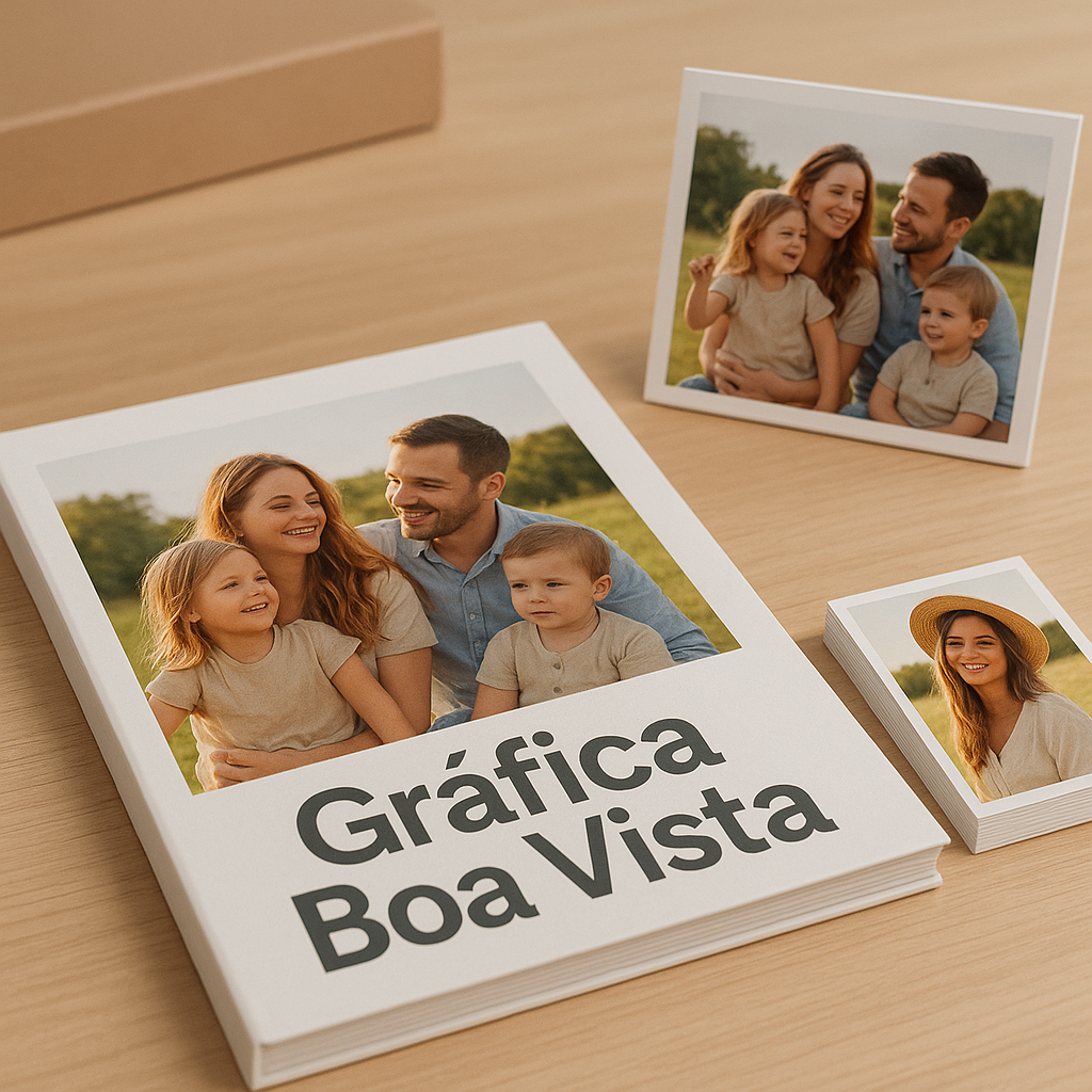 Foto impressa em estilo polaroid sobre mesa de gráfica em Curitiba