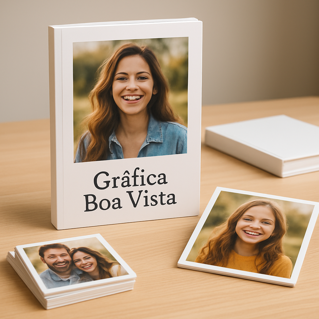 Foto impressa em estilo polaroid sobre mesa de gráfica em Curitiba