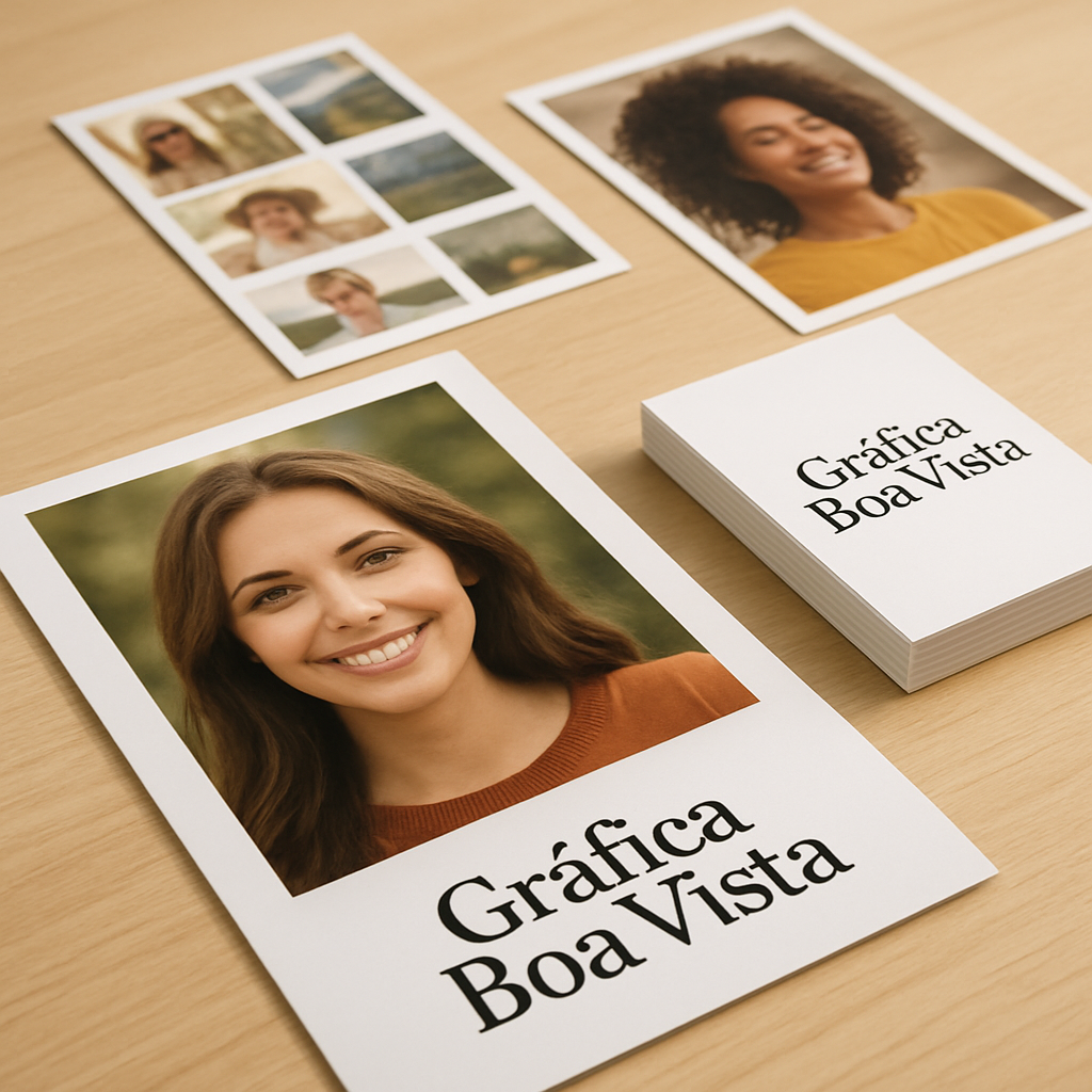 Foto impressa em estilo polaroid sobre mesa de gráfica em Curitiba