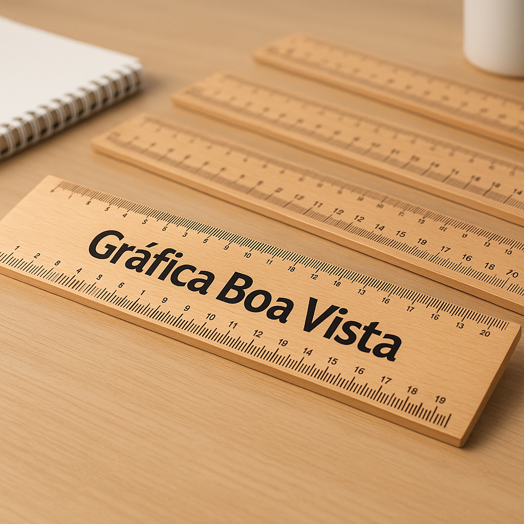 Réguas escolares coloridas sobre uma mesa de gráfica em Curitiba, prontas para orçamento e impressão
