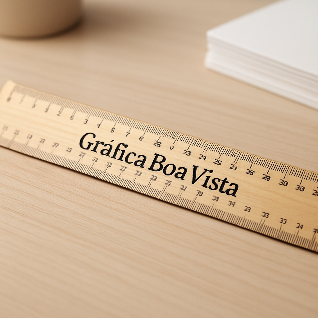 Réguas escolares coloridas sobre uma mesa de gráfica em Curitiba, prontas para orçamento e impressão