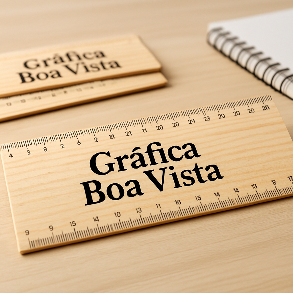 Réguas escolares coloridas sobre uma mesa de gráfica em Curitiba, prontas para orçamento e impressão