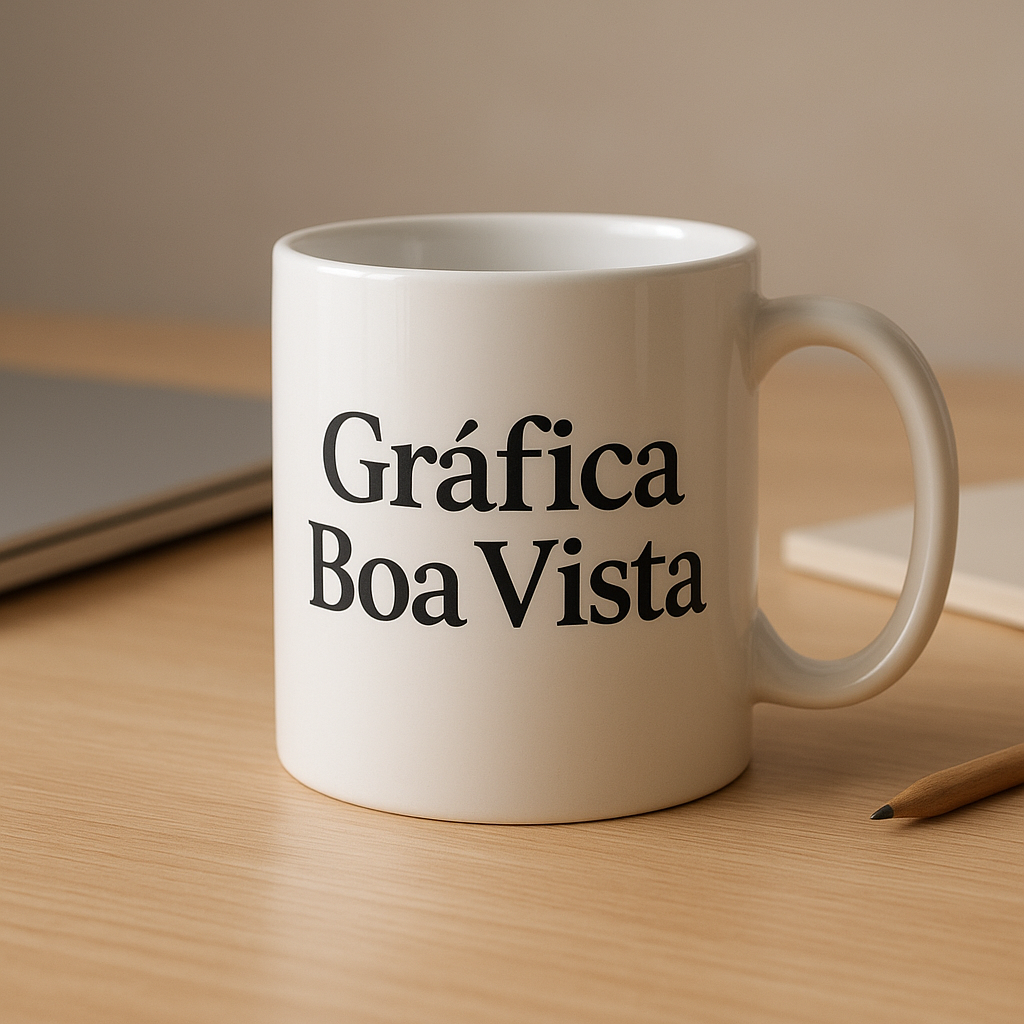Caneca de porcelana branca personalizada em ambiente de gráfica em Curitiba