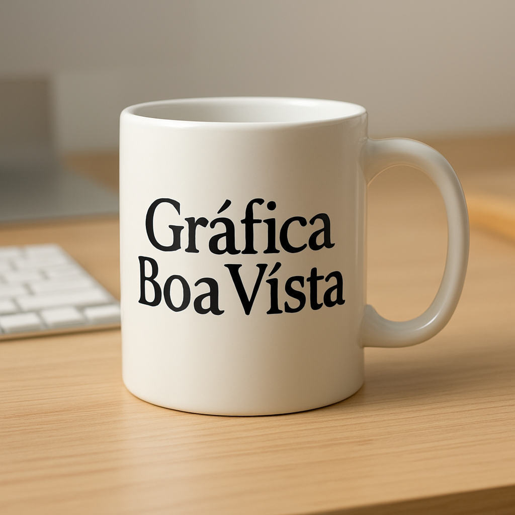 Caneca de porcelana branca personalizada em ambiente de gráfica em Curitiba